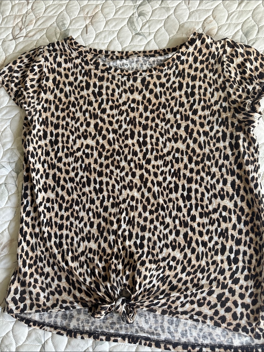 LOFT Leopard-Print Knot Front Short Sleeve Tee - Beige Black